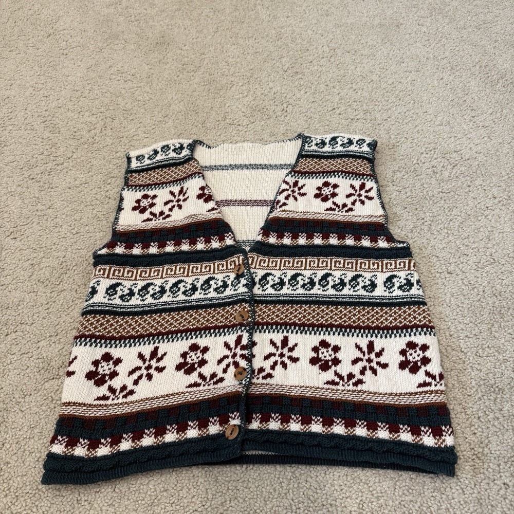 Vintage Women's Fair Isle Sweater Vest Green Red Christmas Cotton Size Small